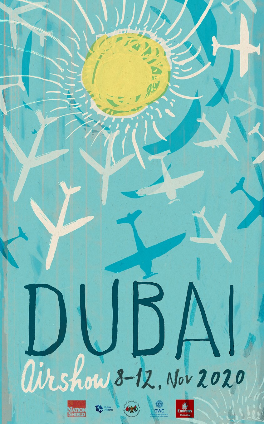 illustration of airplanes travel turquoise desert UAI technology sun aerospace industry trade exhibition conference aerobatic display dynamic tourist tourism tech data airline drone luxury prestige prince king international