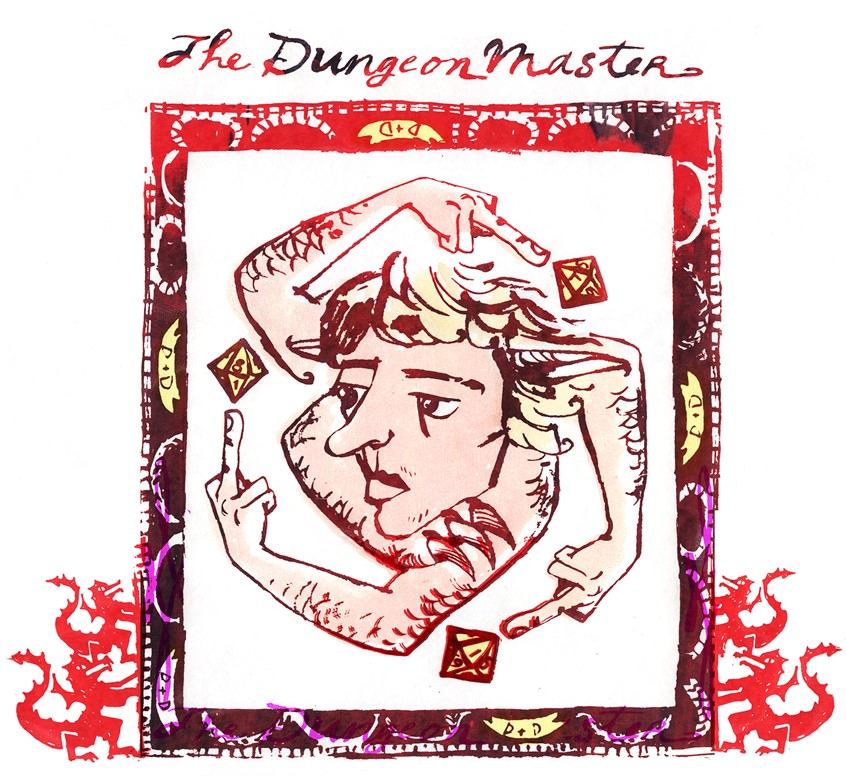 illustration of dungeons and dragons youth boy teenager dice red d&d angst middle finger blond cigar box ornate trap short story claws literature high school law authority life drama saga solo isolation introvert quarantine character fiction