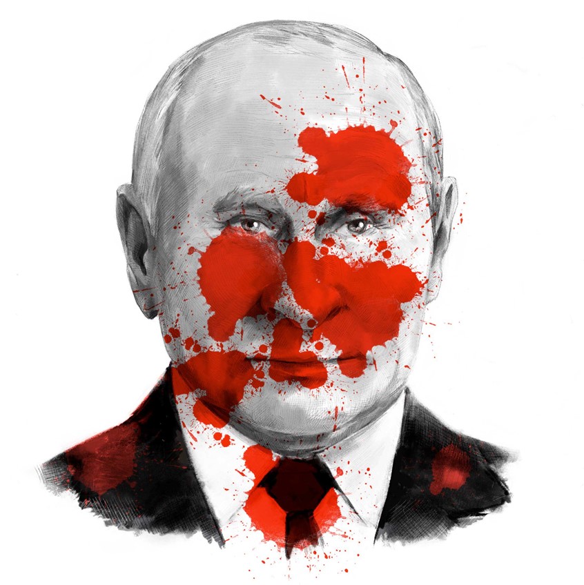 illustration of stand with ukraine, putin's war, blood, authoritarian, russia, current events, politics, kyiv, Ukraine, invasion, violence. murder, russia-ukraine war, day 14, sanctions, international, innocent civilians, UN, NATO, putin portrait, 2022