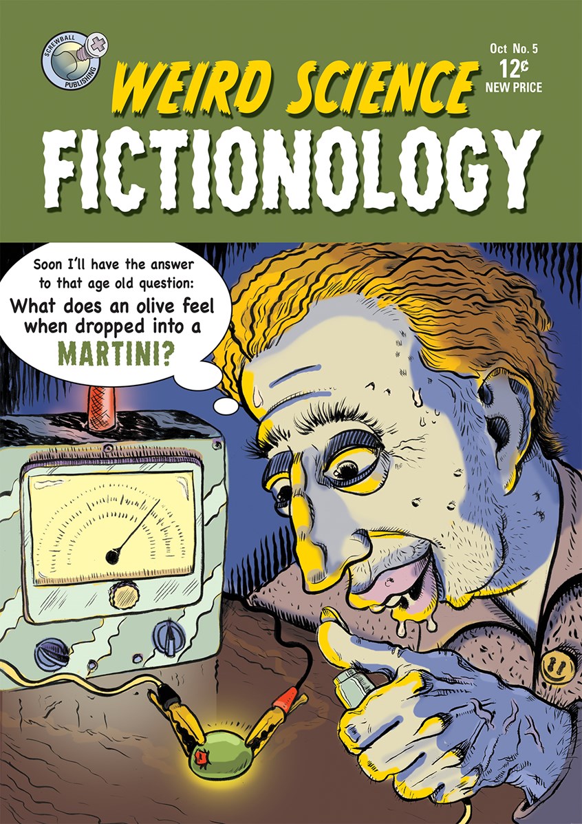 illustration of EC comic parody, adult, brush and ink, digital color, political, humans, satire, caricature, Photoshop, Scientology, L Ron Hubbard, olive, alligator clips, machine