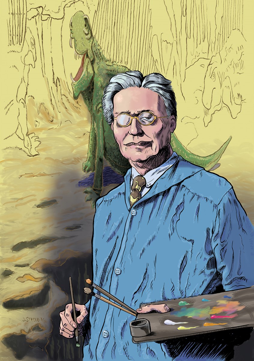 illustration of Portrait of paleo-artist Charles R. Knight for the Society of Illustrators. Brush and ink with digital color, paleontology, portrait, artist, historical, mural, prehistoric life, dimetrodon, palette,