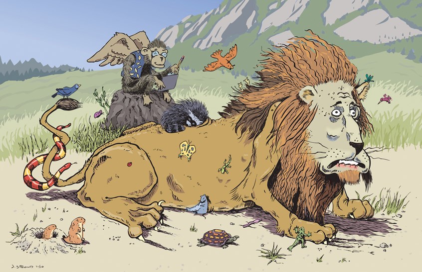 illustration of Cowardly Lion from the Wizard of Oz, Therapy, Brush and Ink, Digital Color, Animals, Nature, flying monkey, snake, birds, turtle, mountains, raccoon, insects, frog
