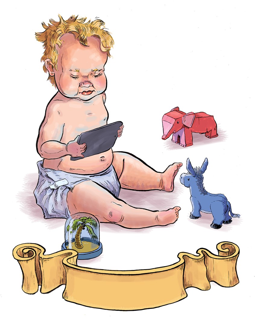 illustration of New year baby holding an iPad, while a toy elephant, donkey, and snow globe lie about. Brush and ink with digital color, banner, animals, political, global warming, diapers, technology