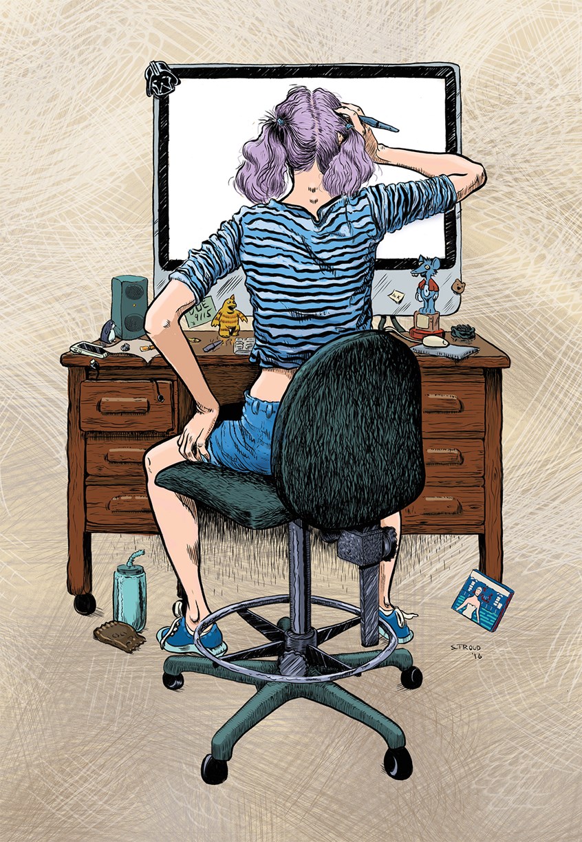 illustration of Girl at a computer facing a blank screen, homage to Norman Rockwell, brush and ink with digital color. Desk, computer, girl, artist, teenager, water bottle, toys, portrait, swivel chair, CD, Darth Vader,