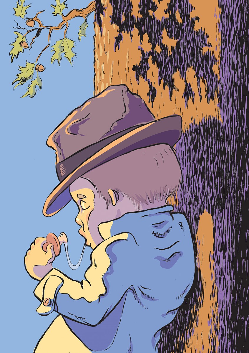illustration of Cover for chapter book. Brush and ink with digital color. Children, fiction, boy, film noir, tree, private eye, oak, pacifier, trench coat, fedora, drool, acorn,