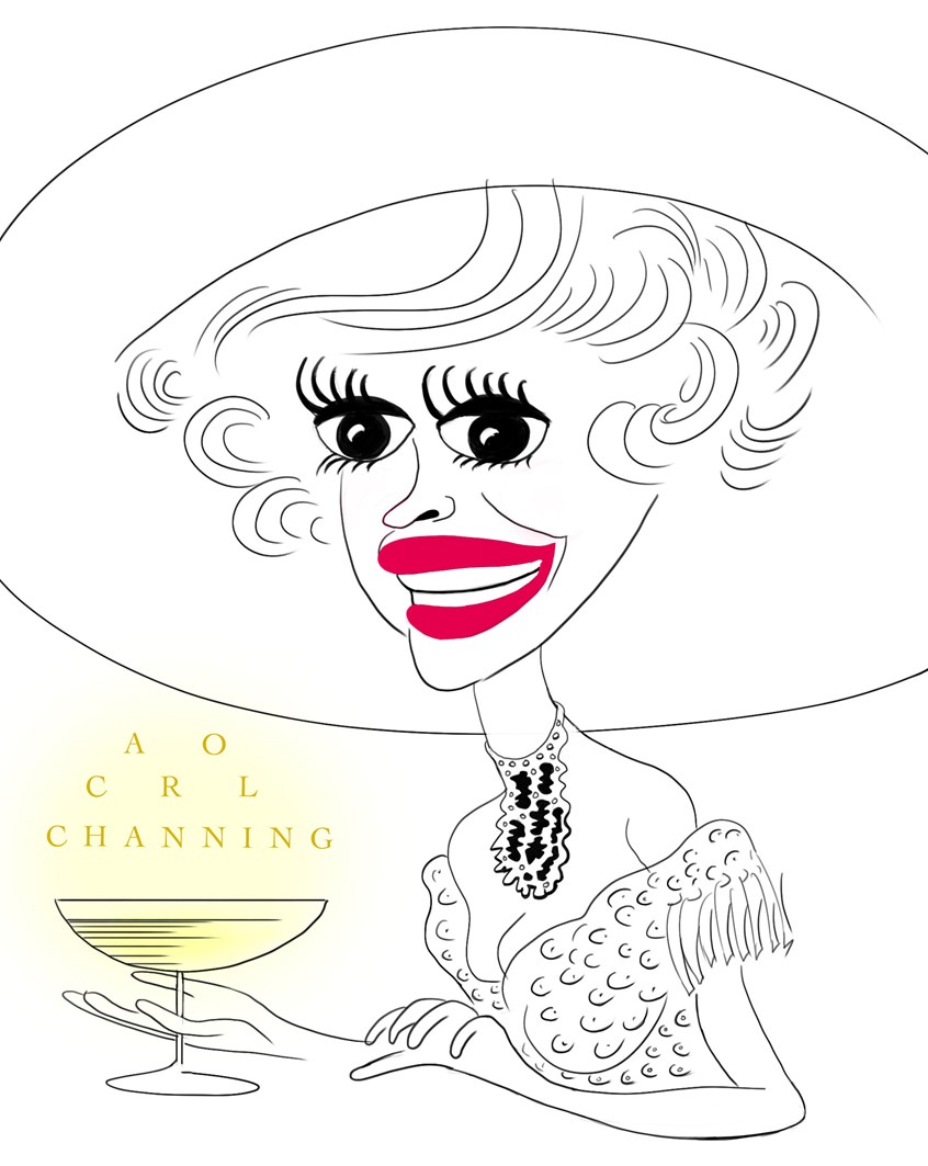 illustration of She was an American singer and actress who is considered a legend on New York's Broadway.
Black and white drawing, red lips and sparkling champagne.