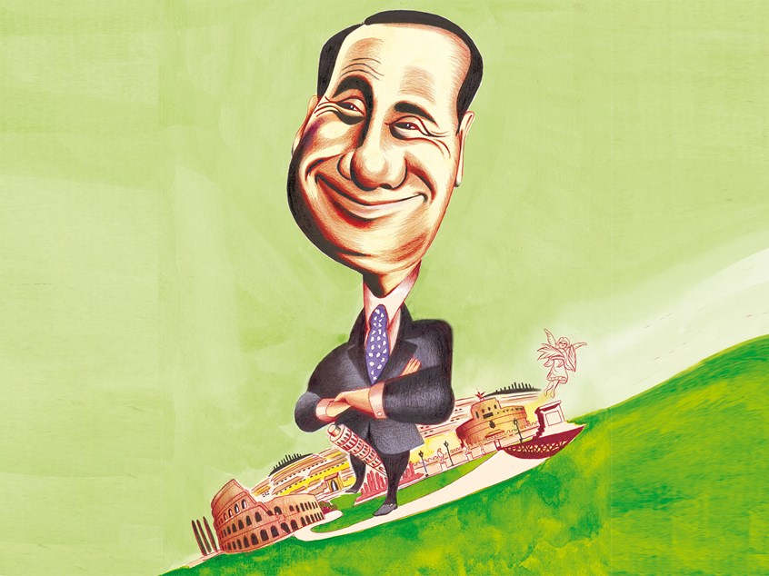 illustration of Caricature illustration of
Former Prime Minister Silvio Berlusconi’s continued dominance of his beloved Italy.
Italy is in an imbalance. Background green.
