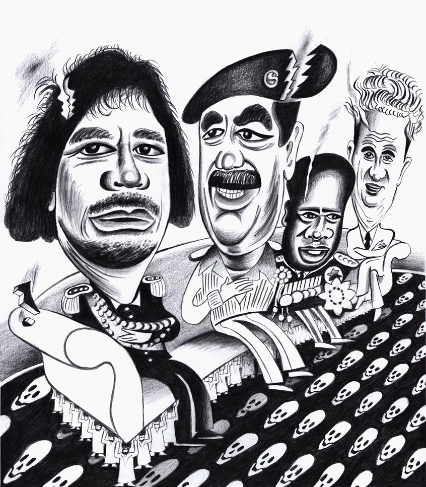 illustration of Caricature editorial illustration of Gaddafi, Saddam Hussein, Pol Pot and Ceausescu.
They sit on a sofa which is supported by men on a carpet in a pattern of skulls. Charcoal drawing.