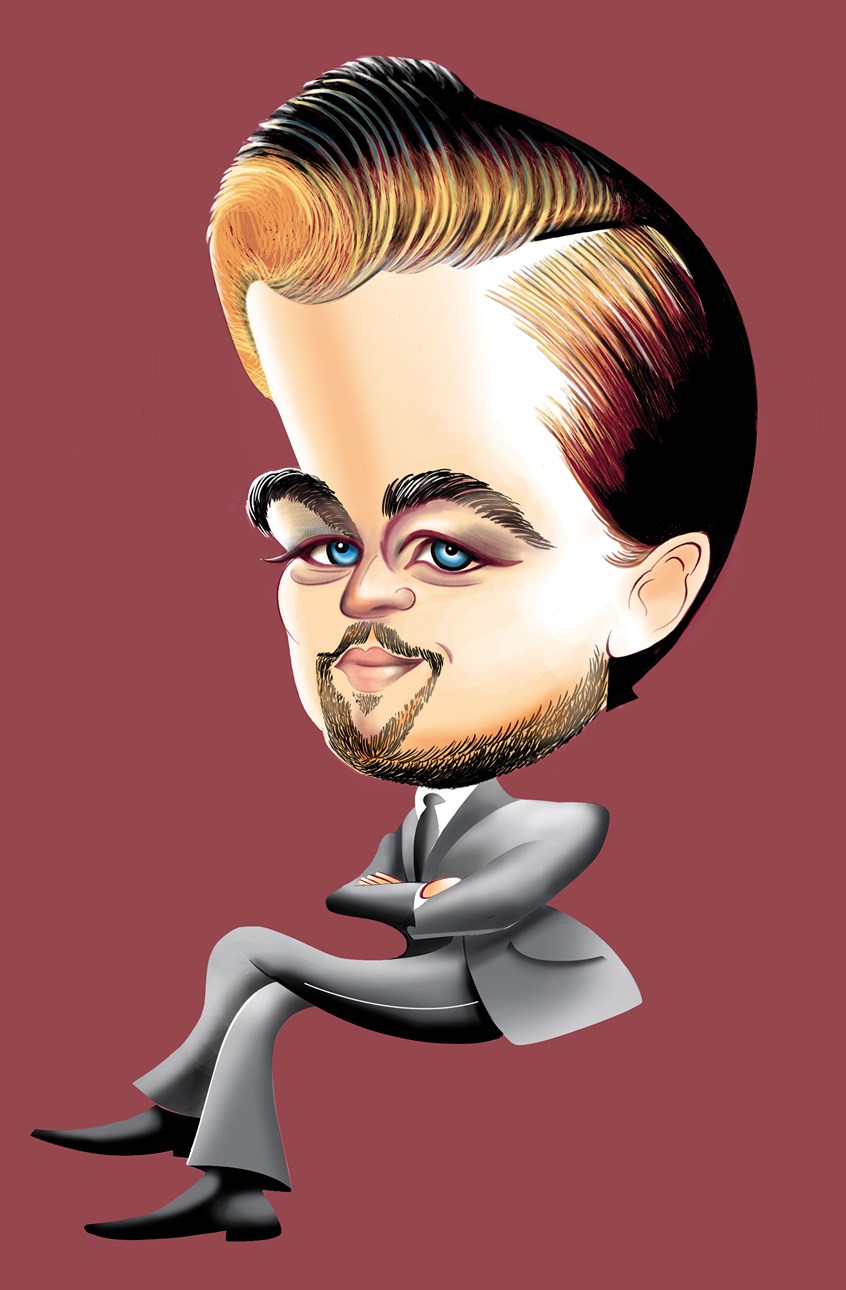 illustration of Portrait illustration of Leonardo DiCaprio.
Film actor, producer and Oscar winner in a fashionable gray suit. Big head and blue eyes. Background red.