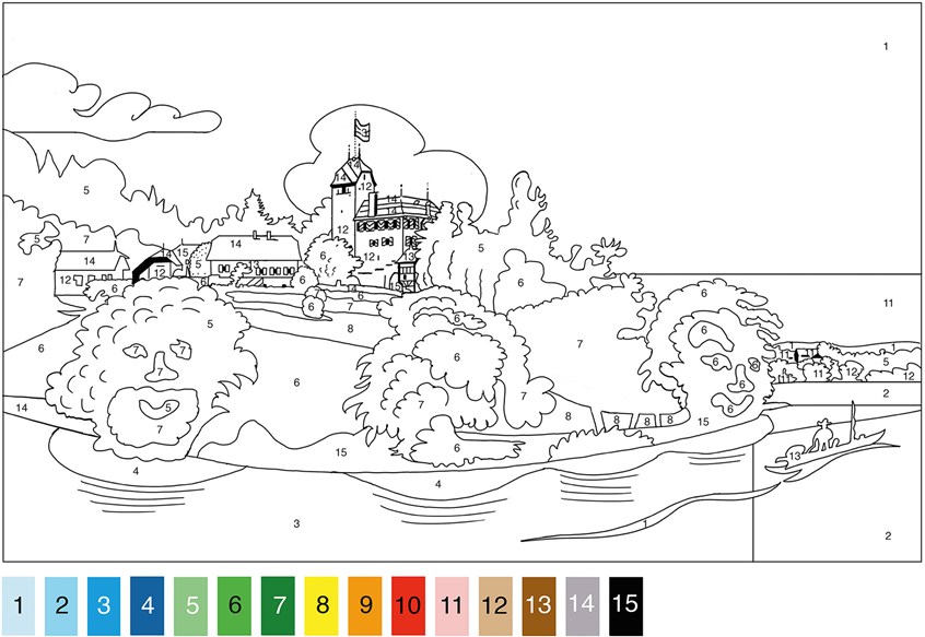 illustration of Art project and exhibition for Art Cube Cham. Castle for coloring. Castle on peninsula in the countryside with fishing boat. The castle is surrounded with trees that look like heads.