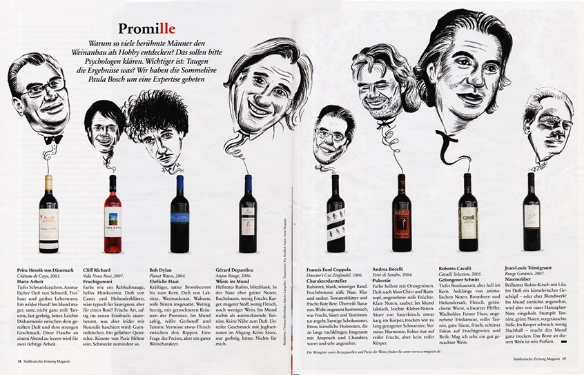 illustration of Celebrities and viticulture as a hobby.
Prince Henrik of Denmark, Cliff Richard, Bob Dylan, Gerard Depardieu, Francis Ford Coppola, Andrea Bocelli, Roberto Cavalli and Jean-Louis Trintignant. Sommelier Paula Bosch made an expertise. Charcoal drawings.