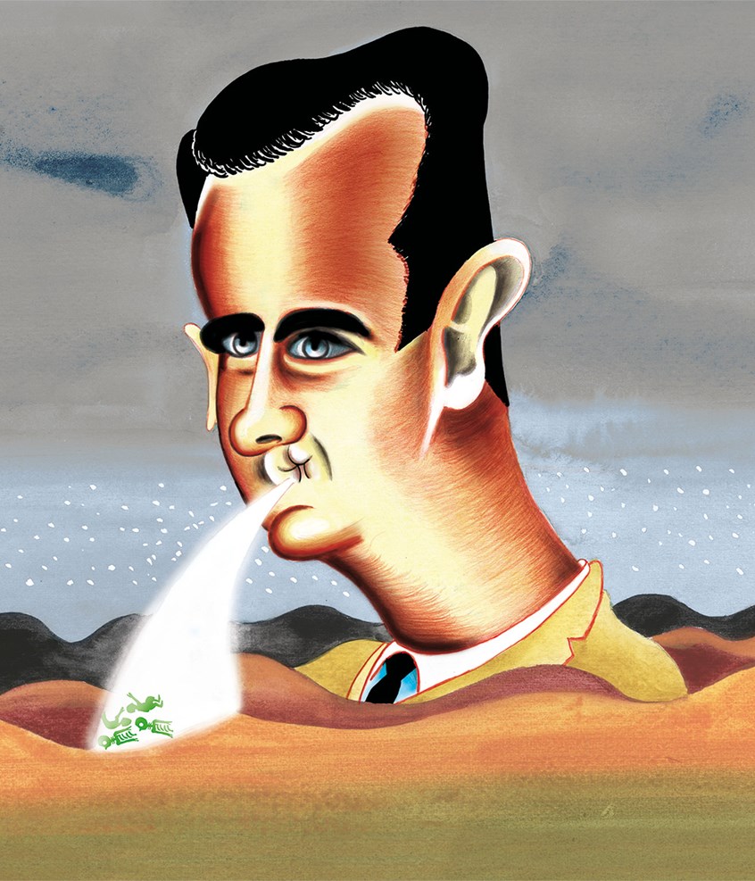 illustration of Political illustration of Bashar Al-Assad, President of Syria. The illustration shows a toxic gas attack.
Background desert and gray starry sky.