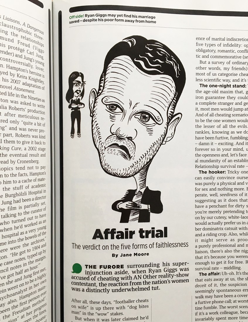 illustration of Portrait of the footballer Ryan Giggs Manchester United for GQ Magazine British. The headline of the story: Affair Trial. The verdict on the five forms of faithlessness. Ink drawing.
