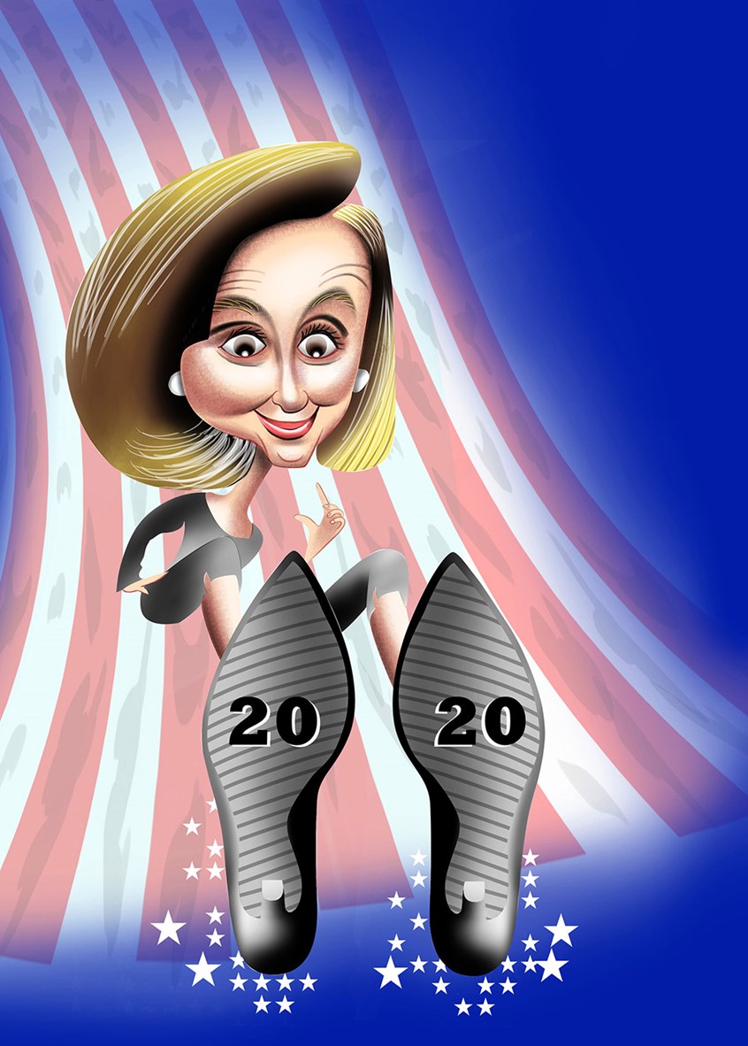 illustration of Can Nancy Pelosi's big eyes and action hold the Republicans back? Big head with big shoes.
View of the figure from the bottom of the shoe.
In the background the American flag.
Red Blue. Brown. Gray.