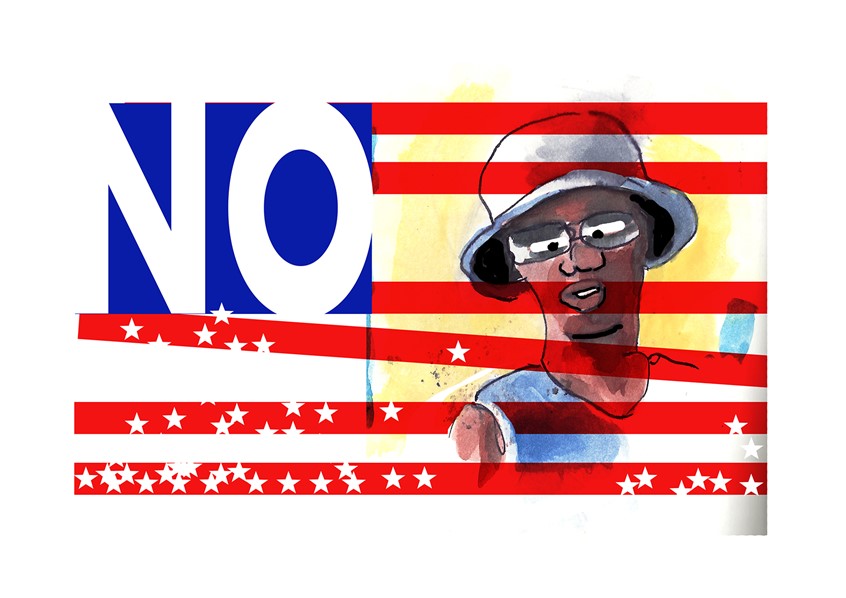 illustration of Modified US flag. The 50 stars fall to the ground and the red bars move. Black Americans behind. Spot illustration. Sketch.