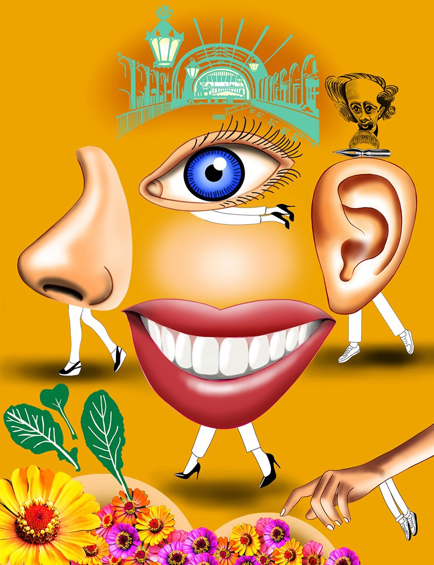 illustration of The Past, Present and the Future.
Activate all senses.
Smiling face. Background bright orange.
Eye, nose, mouth, ear and hand on feet.
Yellow and purple flowers. Line drawing from Covent Garden London.