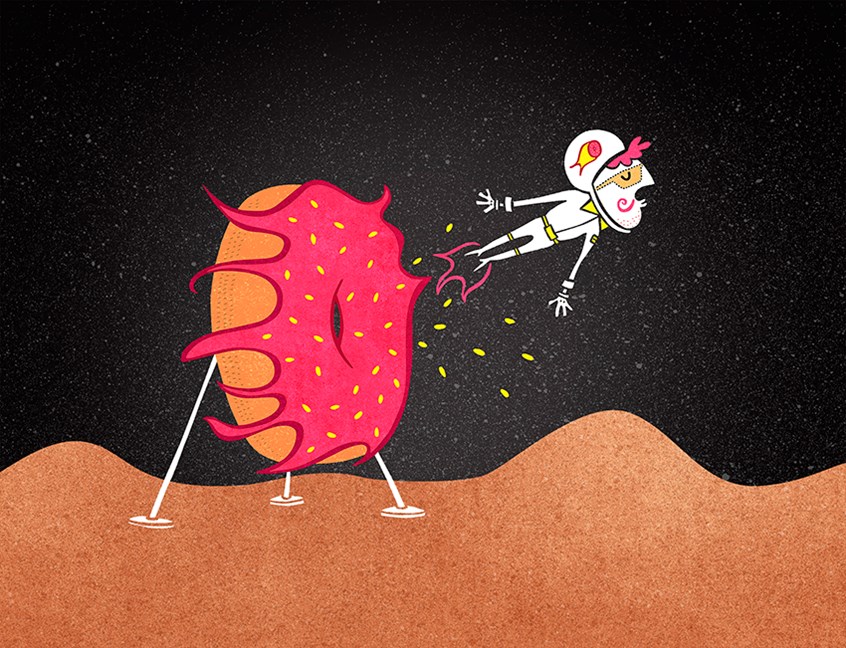 illustration of One in a series of illustrations for a children's book portraying a surreal daredevil.
Dare Devil, Character, Donut, Stunts, Ring of Fire, Children's Book