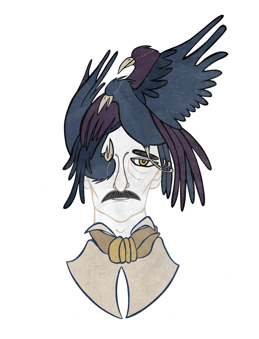 illustration of A celebration of famously weird historical figures. Edgar Allen Poe. A true weirdo. A dark and curious fellow and his ravens.
Portrait, Literary, Conceptual, Weirdo, Goth