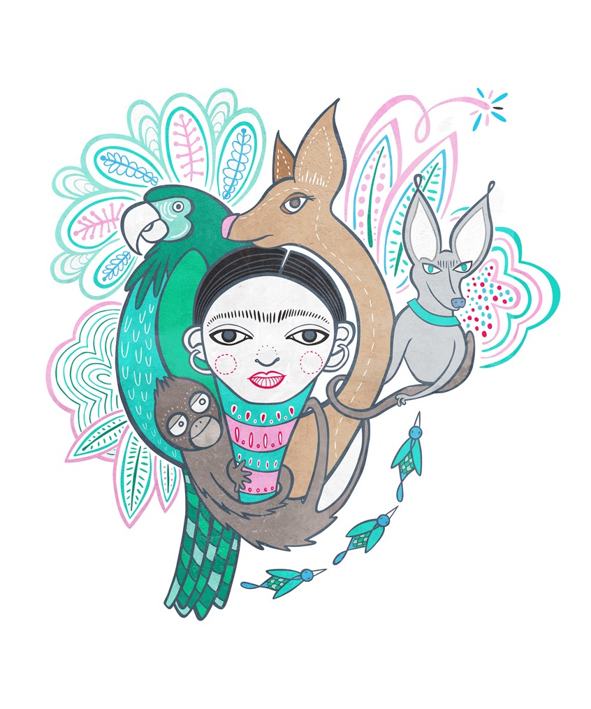 illustration of A series of portraits celebrating famously weird historical figures. Frida loved her exotic animals. She surrounded herself with love.
Animals, Portrait, Conceptual, Weirdo, Graphic, Floral