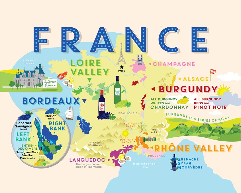illustration of France, Map, Wine, Sight-seeing, Landmarks, Map Regions, Wine Regions, Education, European Tour, Vacation, Colorful, Playful, Bold, Bordeaux, Burgundy, Rhone Valley, Champagne, Loire Valley, Paris, Oysters, Pyrenees Mountains, Mediterranean Sea