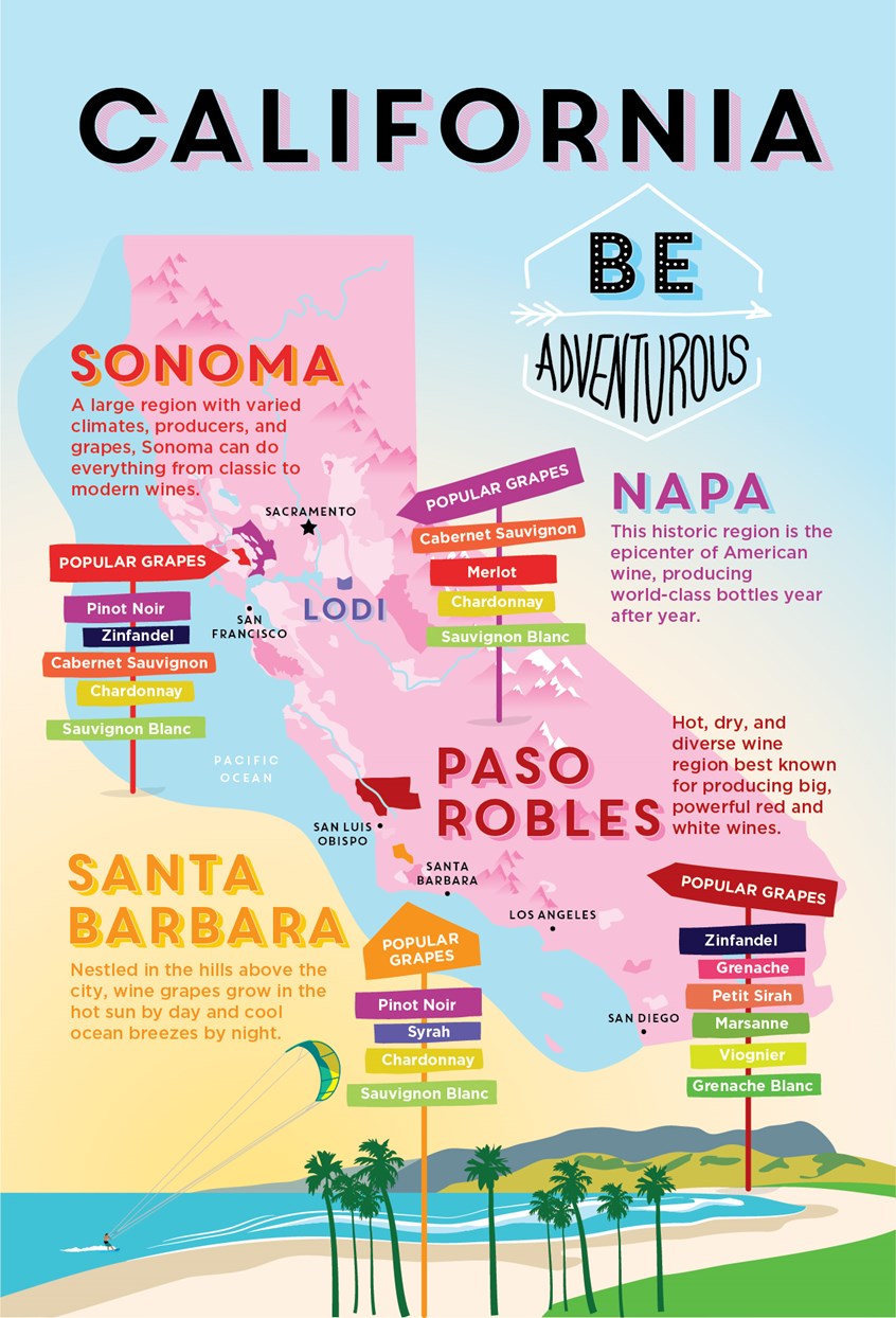 illustration of California, Map, Wine, Wine Regions, Education, Wine Tour, Vacation, Colorful, Playful, Bold, Napa Valley, Sonoma, Paso Robles, Santa Barbara, Cabernet Sauvignon, Zinfandel, Chardonnay, Wind Surfing, Palm Trees, Beach, Pacific Ocean