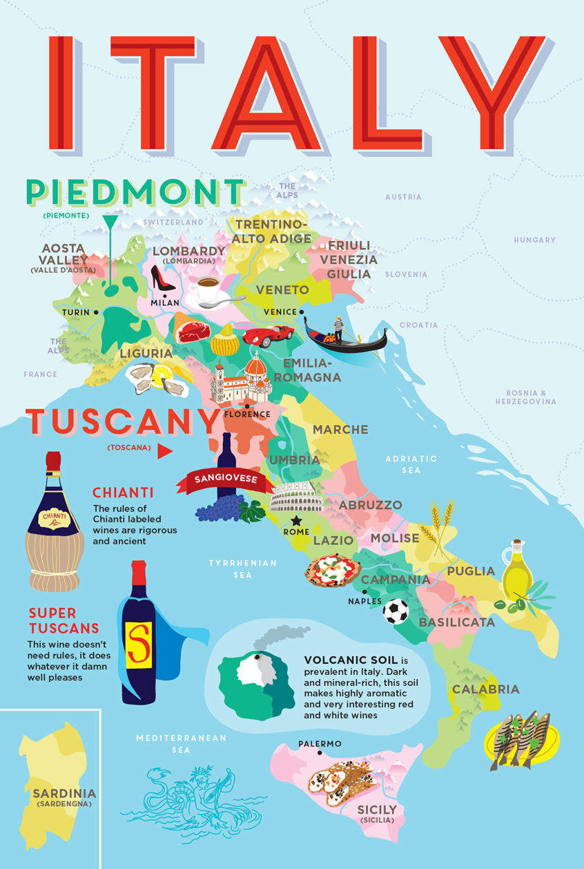 illustration of Italy, Map, Wine, Sight-seeing, Landmarks, Map Regions, Wine Regions, Education, European Tour, Vacation, Colorful, Playful, Bold, Venice, Florence, Rome, Sicily, Milan, Piedmont, Tuscany, Chianti, Mediterranean Sea