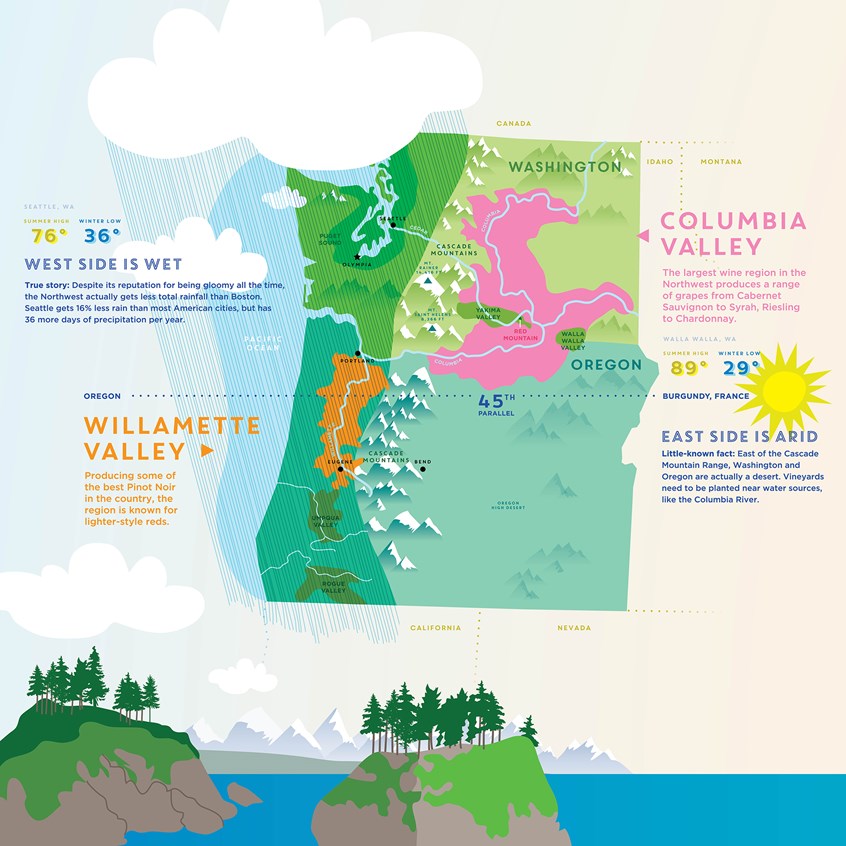illustration of Washington, Oregon, Map, Wine, Wine Regions, Education, Wine Tour, Colorful, Playful, Bold, Willamette Valley, Columbia Valley, Pinot Noir, Rain, Climate, Cascade Mountains, Columbia River, Seattle, Portland, Latitude, Rocky Coast, Pacific Ocean