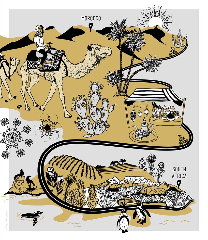 illustration of Africa, South Africa, Morocco, Cape Town, Cycling, Map, Road, Culture, Tour, Vacation, Monochrome, Playful, Detailed, Camel, Woman Riding a Camel, Cactus, Penguins, Palm Trees, Desert, Moroccan Patterns, Sunset