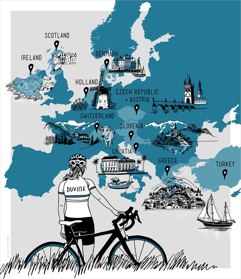 illustration of Europe, Map, Cycling, Bike, Wine, Sight-seeing, Landmarks, European Tour, Vacation, Monochrome, Playful, Detailed, Romantic, Ireland, Scotland, Holland, Denmark, Switzerland, Austria, Czech Republic, Slovenia, Croatia, Greece, Turkey, Mediterranean Sea, Sail boat, Windmill, Vignettes