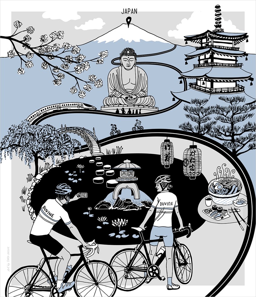 illustration of Japan, Asia, Cycling, Map, Road, Culture, Tour, Vacation, Monochrome, Playful, Detailed, Romantic, Couples, Bikes, Buddhist Temple, Bullet Train, Noodles, Ramen, Zen Garden, Lotus, Lilly Pond, Cherry Blossoms, Buddha, Snow-capped Mountain