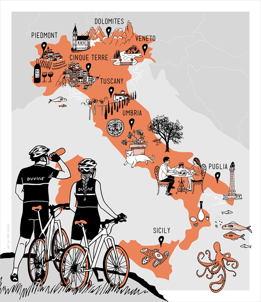 illustration of Italy, Map, Cycling, Wine, Culture, Sight-seeing, Landmarks, Map Regions, Wine Regions, European Tour, Vacation, Monochrome, Playful, Detailed, Romantic, Couples, Bikes, Venice, Florence, Rome, Sicily, Piedmont, Tuscany, Umbria, Cinque Terre, Puglia, Dolomites, Mediterranean Sea