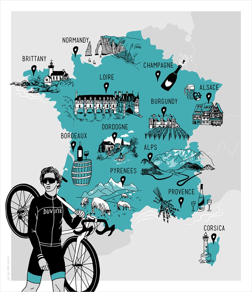 illustration of France, Map, Cycling, Wine, Culture, Sight-seeing, Landmarks, Map Regions, Wine Regions, European Tour, Vacation, Monochrome, Playful, Detailed, Stylish, Bike, Champagne, Bordeaux, Burgundy, Loire Valley, Provence, Brittany, Normandy, Alsace, Corsica, Pyrenees Mountains, the Alps