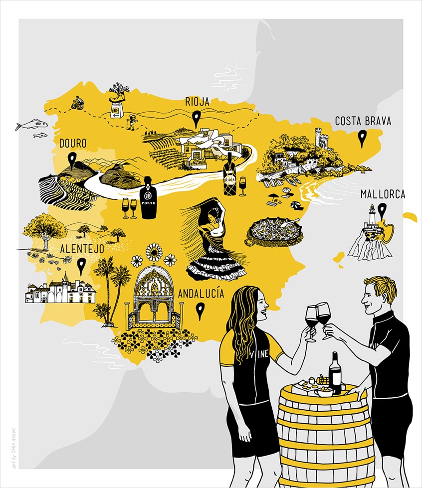 illustration of Spain, Portugal, Map, Cycling, Wine, Culture, Sight-seeing, Landmarks, Map Regions, Wine Regions, European Tour, Vacation, Monochrome, Playful, Detailed, Stylish, Romantic, Couple, Toasting, Cheers, Costa Brava, Rioja, Mallorca, Ribera del Duero, Duoro, Alentejo, Andalucia, Paella, Flamenco Dance, Pyrenees Mountains, Mediterranean Sea
