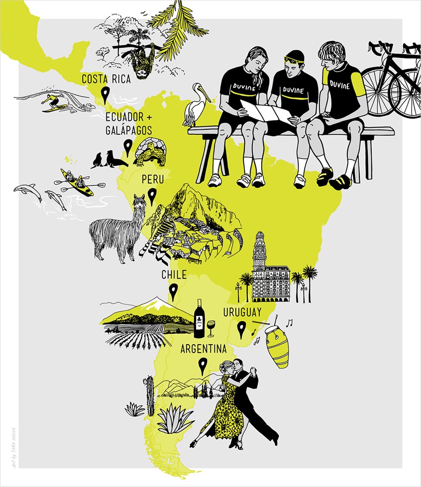 illustration of South America, Central America, Map, Cycling, Bikes, Culture, Sight-seeing, Landmarks, Tour, Vacation, Monochrome, Playful, Detailed, Romantic, Vignettes, Reading a Map, Surfing, Sloth, Jungle, Kayak, Dolphins, Tortoise, Llama, Machu Picchu, Tango Dancing, Cactus, Vineyard, Costa Rica, Ecuador, Galapagos, Peru, Chile, Uruguay, Argentina