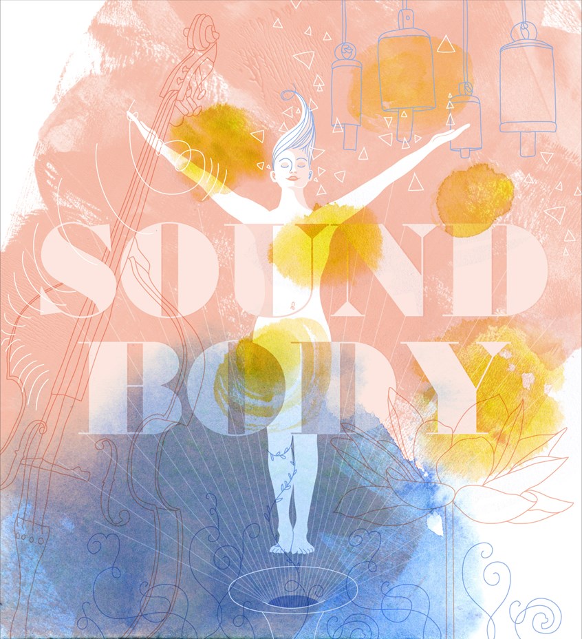illustration of Figurative, Figure, Woman, Female, Yoga, Empowered, Lotus, Zen, Music, Trumpet, Bass, Chimes, Sound, Body, Vibrations, Expressive, Energetic, Joyful, Poster