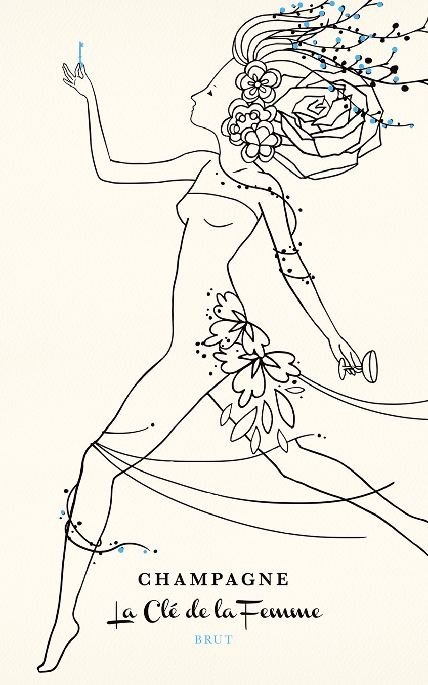 illustration of Wine Label, Champagne, Fairy, Nymph, Beautiful Woman, Sparkling, Flowing Dress, Dance, Run, Walk, Rose, Flowers, Hair, Stylish, Romantic, Model, French, France, Wine Glass, Key, Botanical