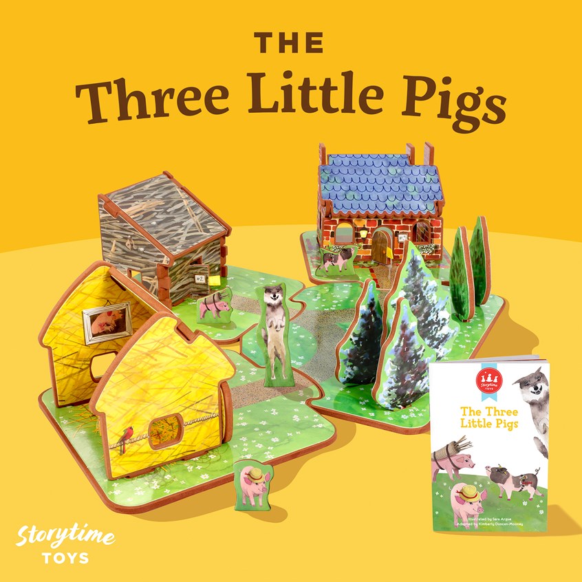 illustration of Three Little Pigs, Fairytale, Classic Story, Toy, 3D Playset, Children's Book, Illustration, Straw House, Stick House, Brick House, Pigs, Wolf, Trees, Toy Design