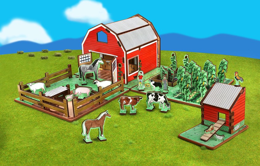 illustration of Farm, Barn, Pasture, Toy, 3D Playset, Children's Book, Illustration, Animals, Cows, Horses, Pigs, Chickens, Dogs, Cats, Crops, Farmland, Chicken Coop, Toy Design