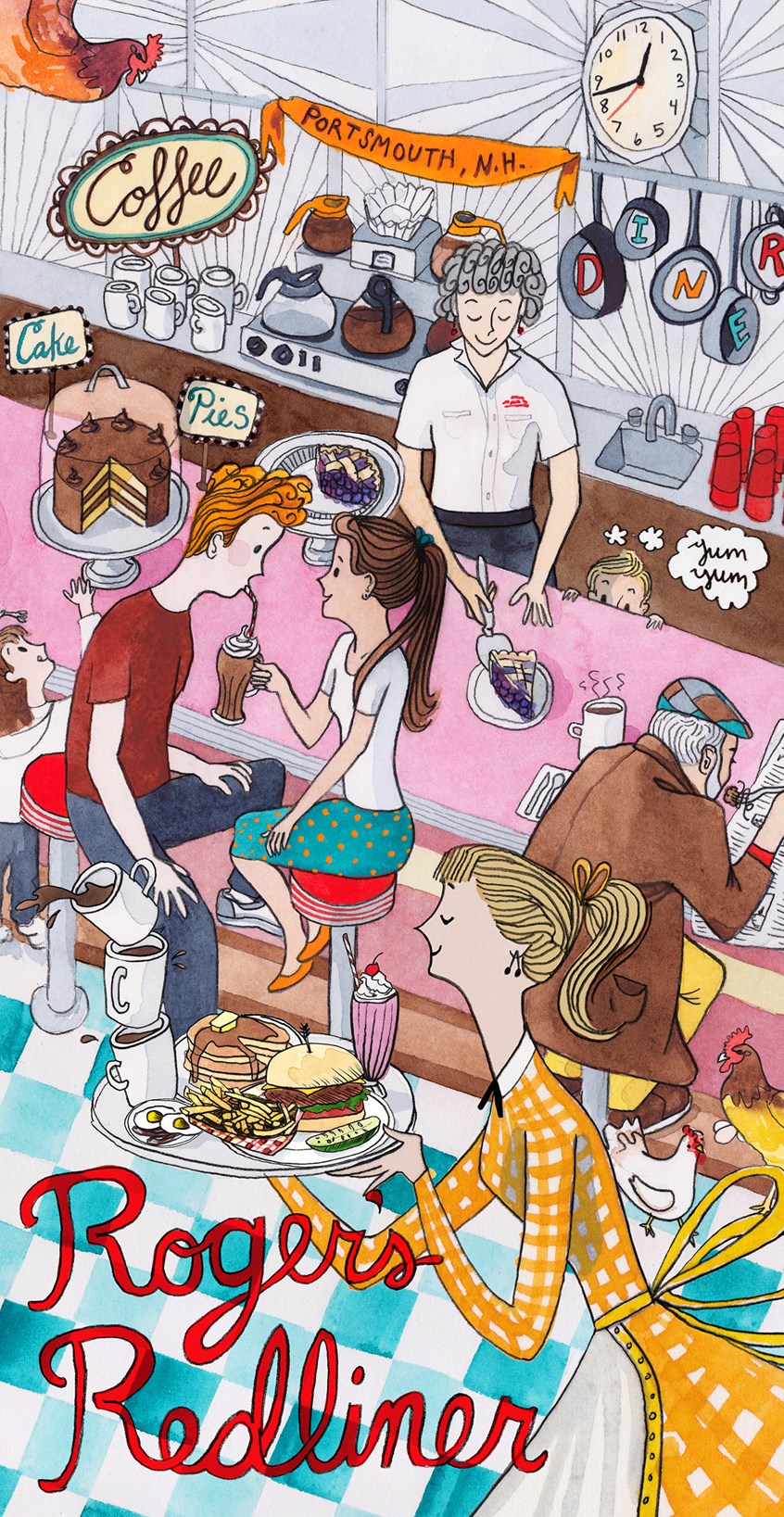 illustration of Menu, Cover, Diner, Restaurant, Counter, Old-Fashioned, Waitress, Pie, Cake, Burgers, Fries, Milkshake, Frappe, Coffee, First Date, Young Couple, Teens, Kids, Old Man, Checkered Floor, Chickens, Food, Dinner, Lunch, Breakfast, Interior, Checkered Floor