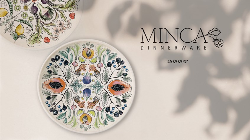 illustration of Minca is a brand of handcrafted dinnerware that celebrates each season’s colourful produce in kaleidoscopic illustrated arrangements. This image of the side plate features fruit and vegetables that grow in summer.