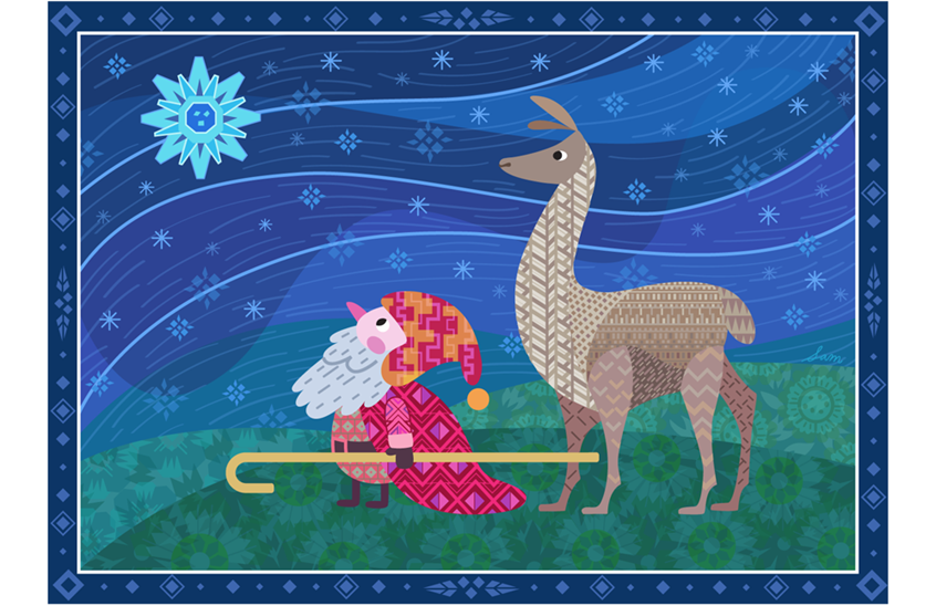 illustration of Holiday greetings self promotional piece.
Christmas, Santa, Santa Clause, shepherd, llama, sheep, night, holy night, star, shooting star, silent night, peace, pattern, colorful, bright, folk, folklore, starry, stars, alpaca, camel, greeting card