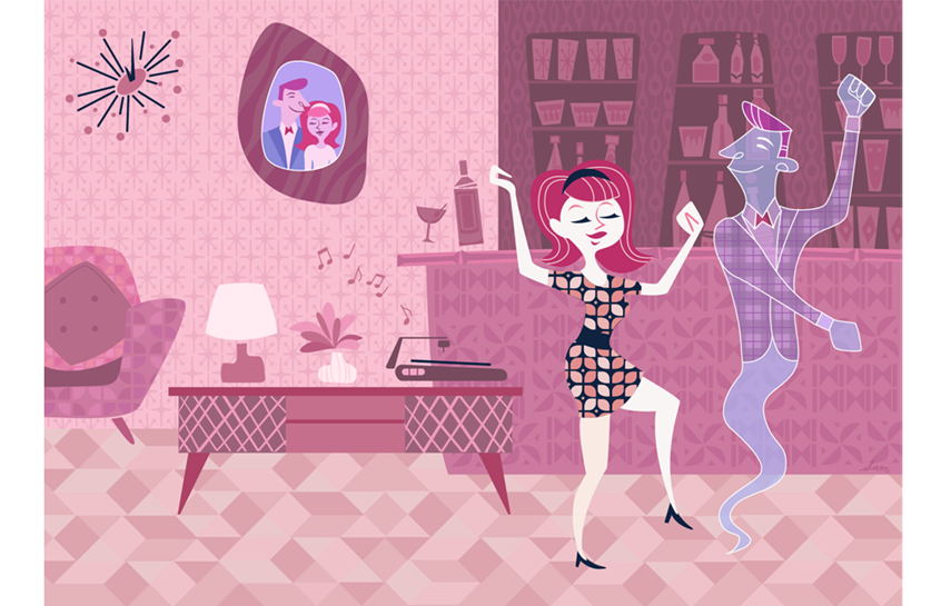 illustration of Personal commission.
music, dancing, gogo, go go, mid century, fifties, sixties, bar, tiki, lounge, drinks, marriage, ghost, pink, patterns, vinyl, records, ghost, whisky, cocktail, dance, couple, editorial, publishing, furniture, retro, decor, home, graphic, flat, bright, romance, love, death, married, couple