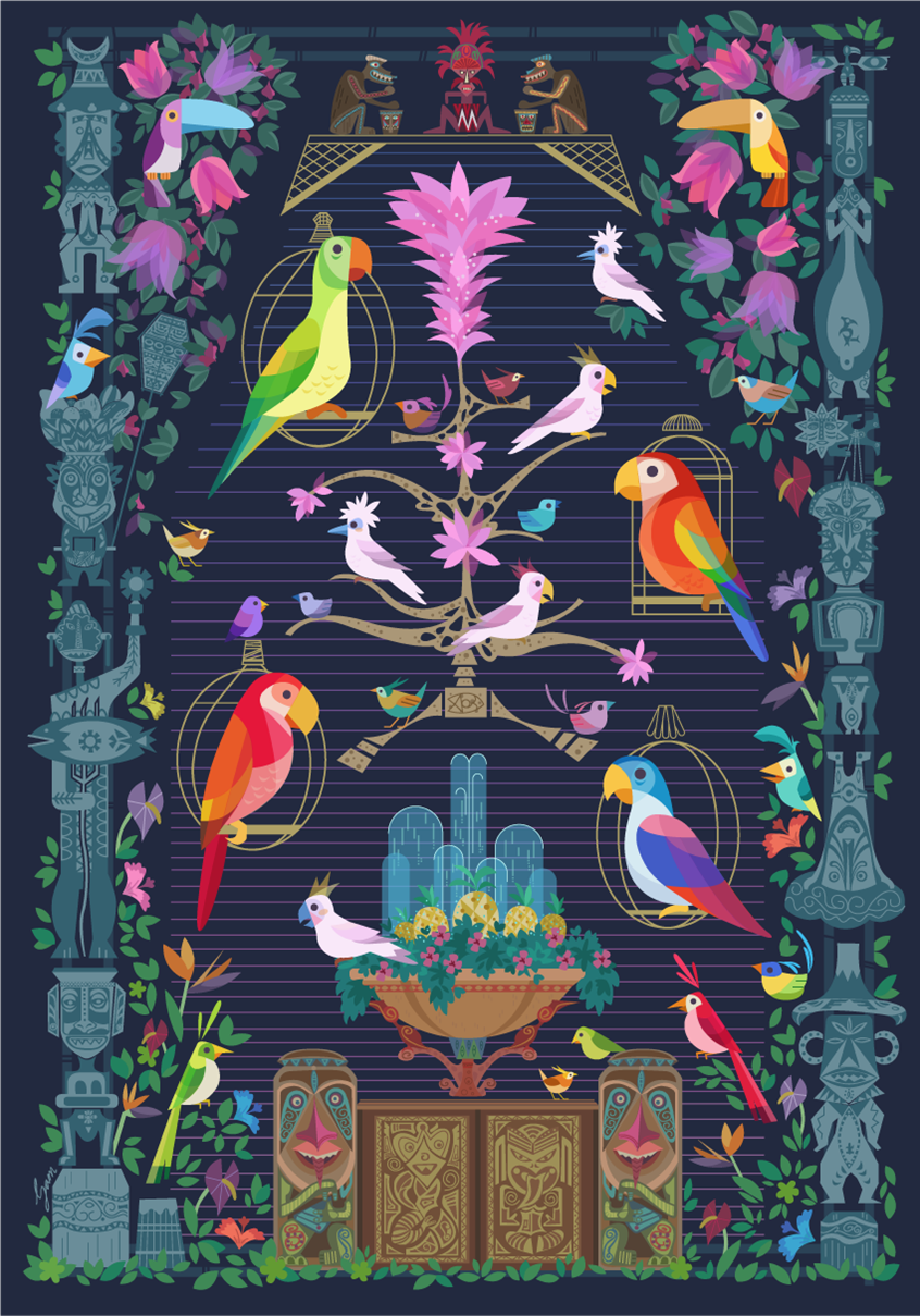 illustration of tiki, tiki room, Disneyland, Disney world, parrots, birds, tropical, fountain, cockatiel, toucan, flowers, bird of paradise, rain, jungle, exotic, music, leaves, Disney, Disney ride, show, dancing, whimsical, bright, fun, rainforest, jungle, nightlife, Polynesia, island, bar, rain, paradise, summer, tiki gods, Hina, Rongo, Maui, Tangaroa