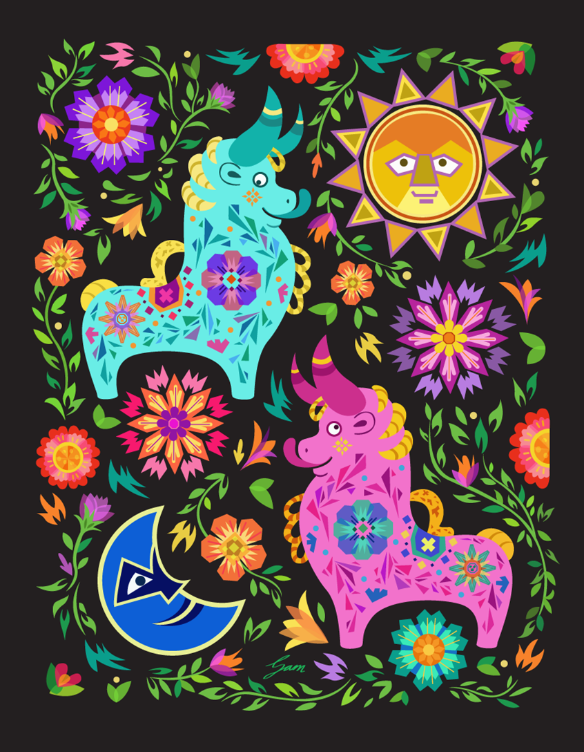 illustration of Toritos de Pucará (Pucara Bulls) can be found in households of southern Peru. They are made out of clay and placed on the roofs for good luck and protection. They are are also neat souvenirs for travelers.
Folk art, bulls, animals, nature, patterns, colorful, bright, happy, folklore, Peru, ceramic, sun, moon, flowers, plants, decor, horns, fantastical, children, ceramic, figurine, bright, tourism, graphic, culture, magic, cultural heritage, cow, party, Peruvian, coloring books, travel