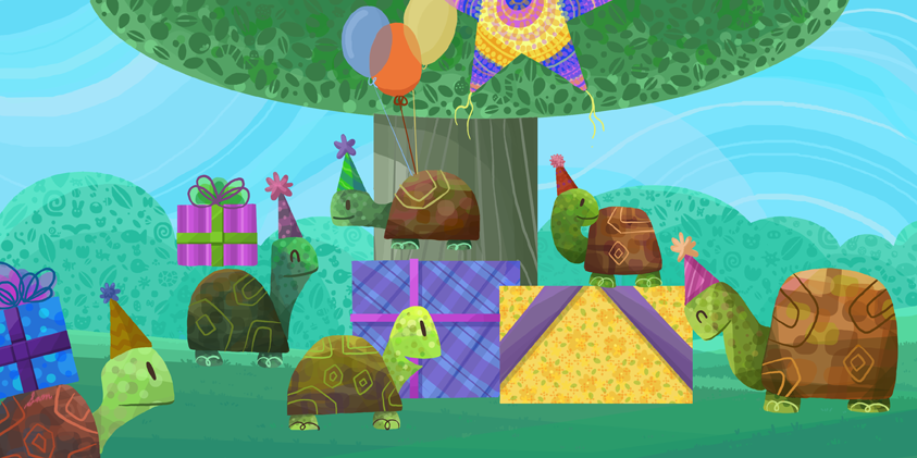 illustration of Counting book, coloring book, children, fun, balloon, turtle, tortoise, shell, forest, geometric, flat, whimsical, hat, pinata, piñata, presents, gifts, reptile, tree, pattern