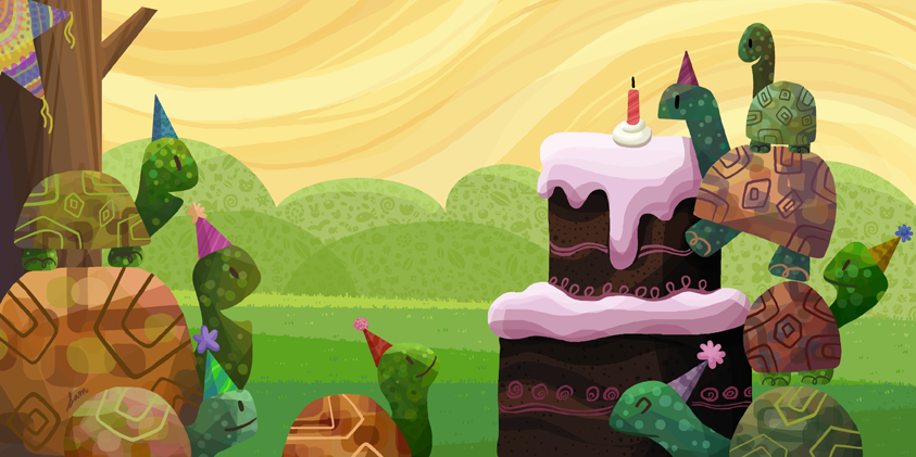 illustration of Counting book, coloring book, children, fun, balloon, turtle, tortoise, shell, forest, geometric, flat, whimsical, hat, pinata, piñata, presents, gifts, reptile, tree, pattern, cake, chef, pastry, baking, tower, picnic, party, sunset, afternoon