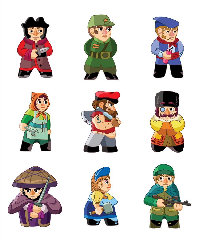 illustration of character, character design, board game, game, table top game, Russia, revolution, revolt, emperor, tsar, tzar, empress, princess, farmer, peasant, samurai, soldier, general, war, costume, history, historical, ethnic, fantasy