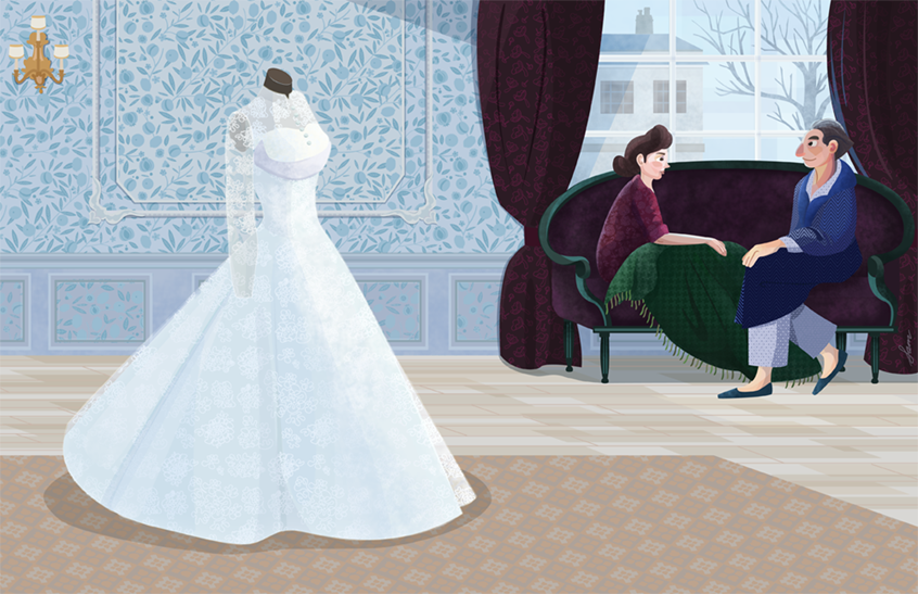 illustration of Phantom Thread, Daniel Day Lewis, fashion, fashion designer, dress, wedding, proposal, romance, love, patterns, elegance, royalty, heiress, Cinderella, dressmaker, wedding gown, english, Great Britain, flowers
