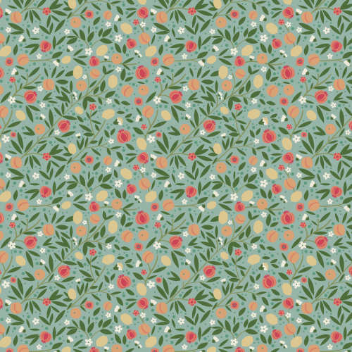 illustration of pattern, flowers, floral, flora, leaves, romance, love, fruits, citrus, peaches, pomegranate, lemon, orange, white, green, wallpaper, dress, fashion, textiles, surface, home decor