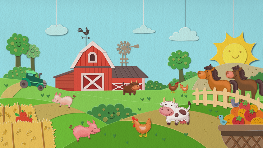 illustration of Background art used for a children's interactive app.
Farm, animals, cow, pig, chicken, nature, children, education, games, paper cut, paper art, children literature, book, publishing, animals, farm life, flat, geometric, whimsical, bright, colorful, Children show, children entertainment, children education